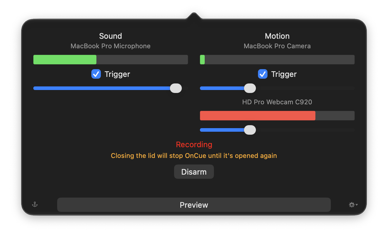 The OnCue popover, with sound and motion meters