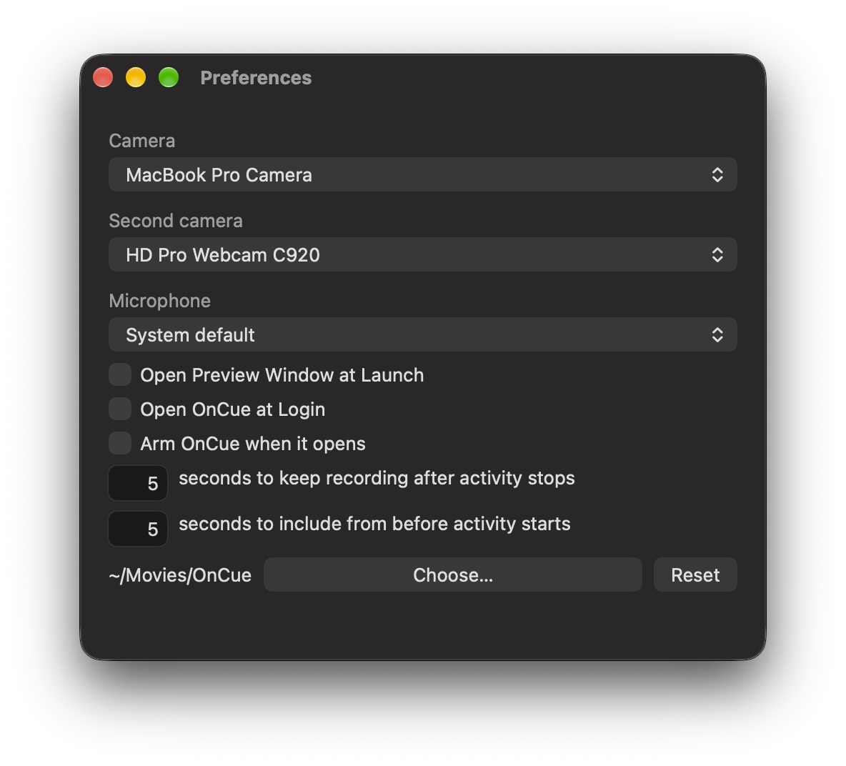 OnCue's settings